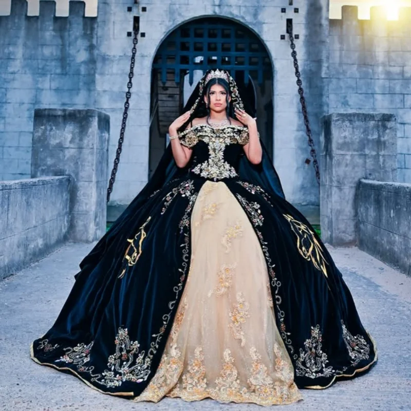 

Suede Black Quinceanera Dress Crystal Glitter Flower Decal Lace layering Bow Long tail Vestidos De 15 Quinceanera ﻿Customize