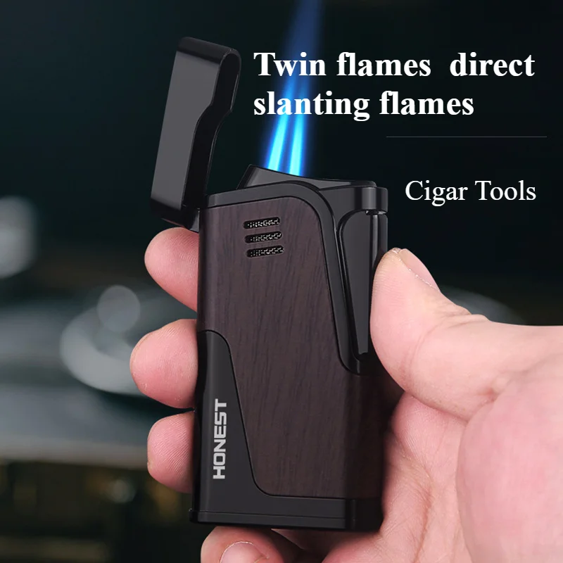 

New Dual Flame Slant Flame Lighter Metal Butane Gas Convenient Charging Windproof Cigar Lighter Butane Gas Lighter Men's Gift