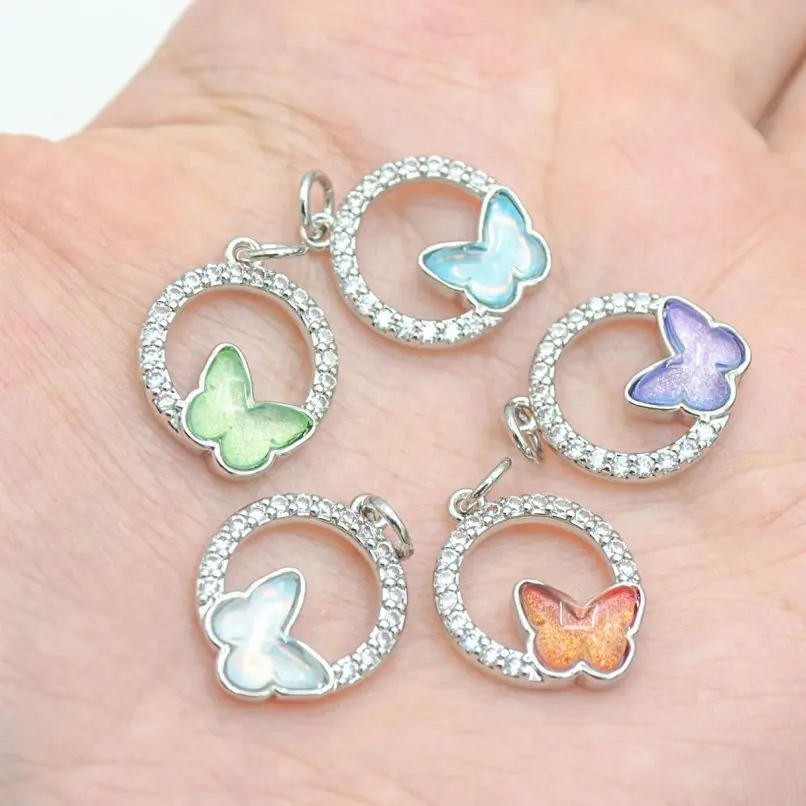 

1Pcs Cubic Zirconia Coin Insect Butterfly Shape Round Charms Copper Silver Plated Invisible Setting Pendant Jewelry