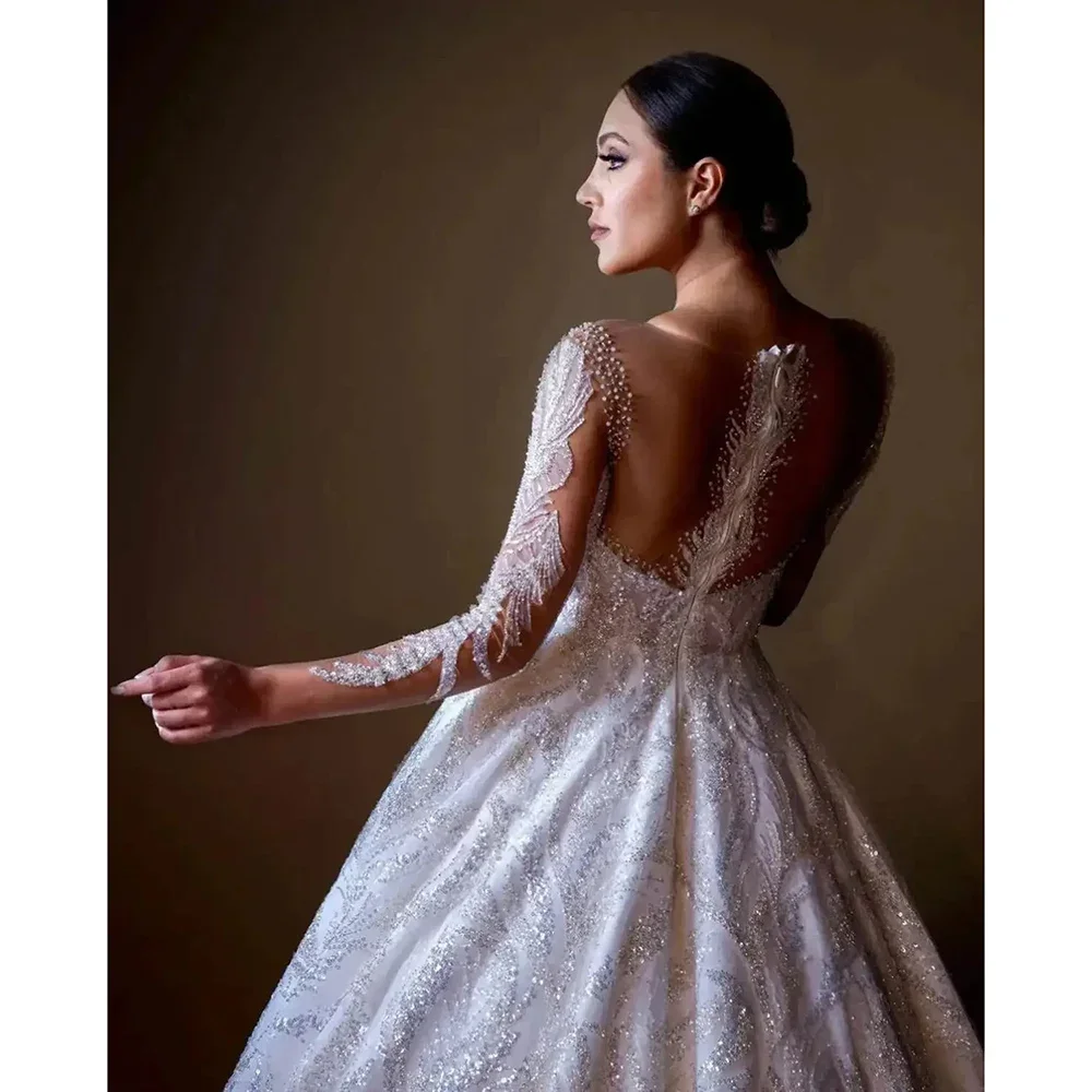 CustomizedLuxury Sheer v คอชุดแต่งงาน Sparkly แขนสั้นรัดตัวดูไบ A-Line เจ้าหญิงชุดเจ้าสาว Vestido De Novia