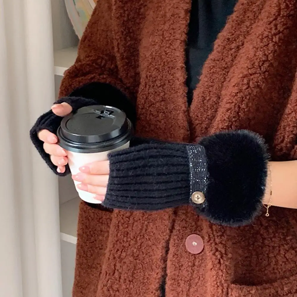 قفازات قطيفة بلون واحد لدراسة العمل قفازات محبوكة ناعمة بنصف إصبع قفازات محبوكة لحماية اليد قفازات مرنة بدون أصابع #5