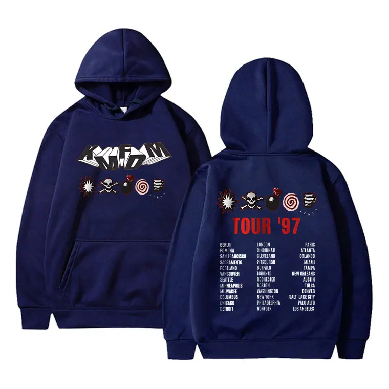 Rock Band Kmfdm Tour 97 Hoodie grafis Pria Wanita, Vintage Gothic Punk Pullover Hoodie Unsiex kaus katun bulu kasual