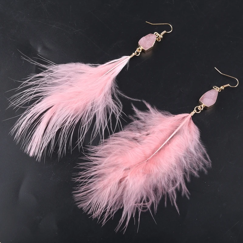 Unique Natural Feather Tassel Shape Stud Earrings Pink Color Earrings for Women Lovely Fashion Large Ear Jewelry