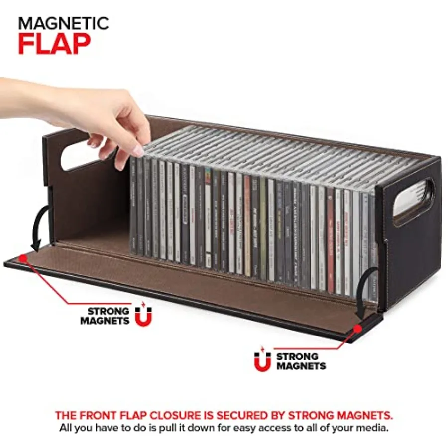 تخزين صندوق تخزين الأقراص المضغوطة الخاص بك مكون من 9 أرفف منظم لأشرطة كاسيت الأقراص المضغوطة أو الأقراص المضغوطة المصنوعة من الجلد الصناعي باللون البني يحمل ما يصل إلى 40 قرصًا