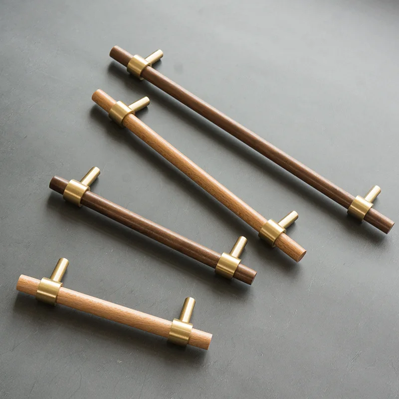 Combinant of Brass and Walnut Wood Furniture Handles Wooden Dresser Knobs Kitchen Cupboard Pull Handles for Cabinets and Drawers