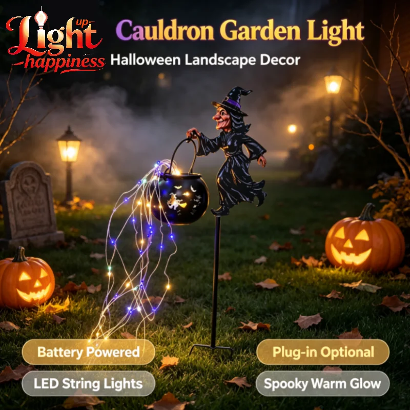 Image of Halloween-Hexenkessel-Gartenleuchte, Wasserfall-Stil Verzauberter Hexenkessel als Gartendekoration, Lichtdekoration für Draußen