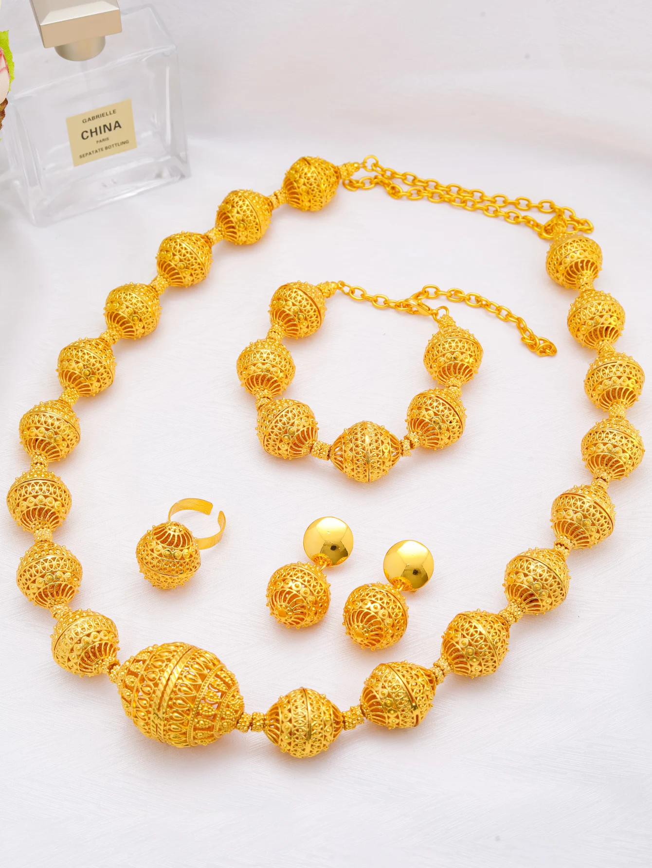 Fashion Dubai 24K Gold Plated Jewelry Sets for Women Bead Design Long Necklace Earrings Bracelet Ring Set Jewelry