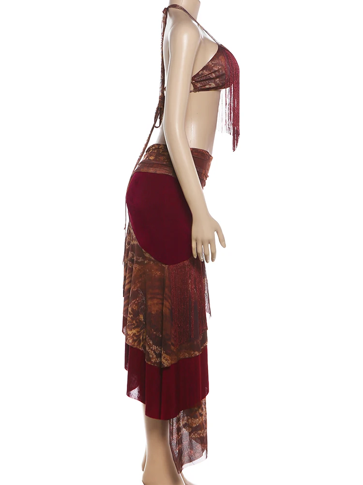 Kliou Quasten-Dekorations-Set, 2-teilig, Damen Neckholder-Top mit tiefem Ausschnitt und rückenfreiem Design + unregelmäßiger Patchwork-Maxirock, sexy Mode-Outfits – Detail 5