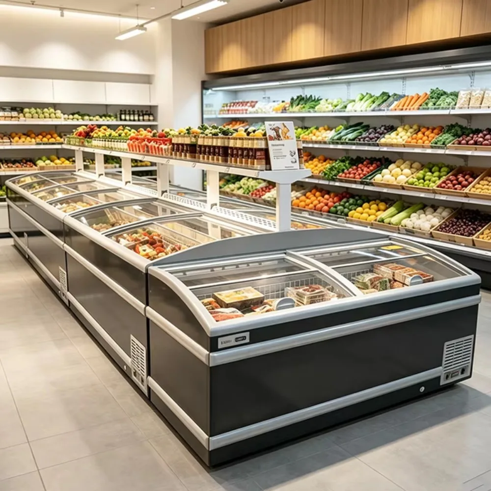 Custom Freestanding Horizontal Island Freezer with Automatic Defrost Function for Supermarkets and Retail Shops