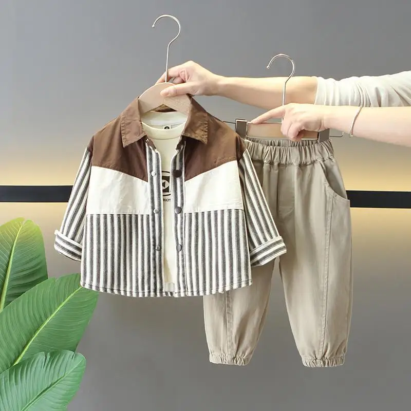 Boys' Spring Set New Cool Handsome Children's Korean Edition T-shirt+Coat+Pants 3-Piece Set