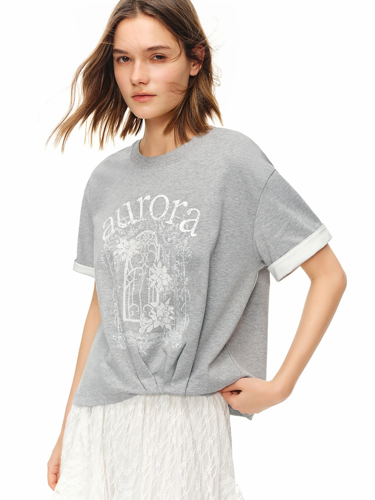 DUSHU Casual Printed Loose Irregular T-Shirt 2026 Summer New Arrival Fashionable and Versatile Crew Neck Short Sleeve Daily