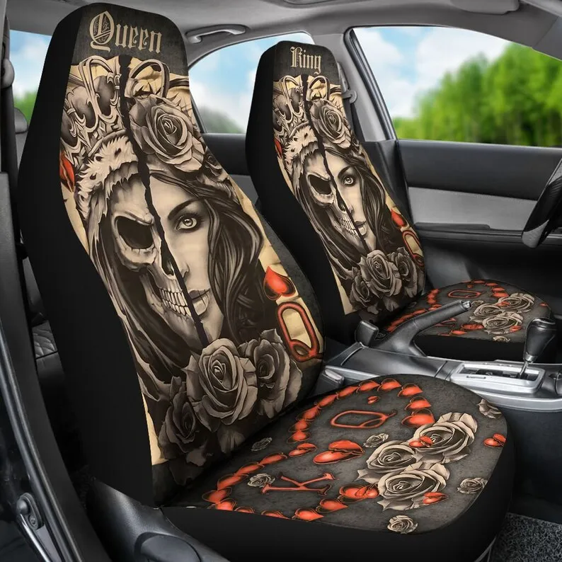 Skull King Queen Seat Covers, Great Gift, Personalized, Custom Front, Pair of Covers, Skull Seat Car Covers