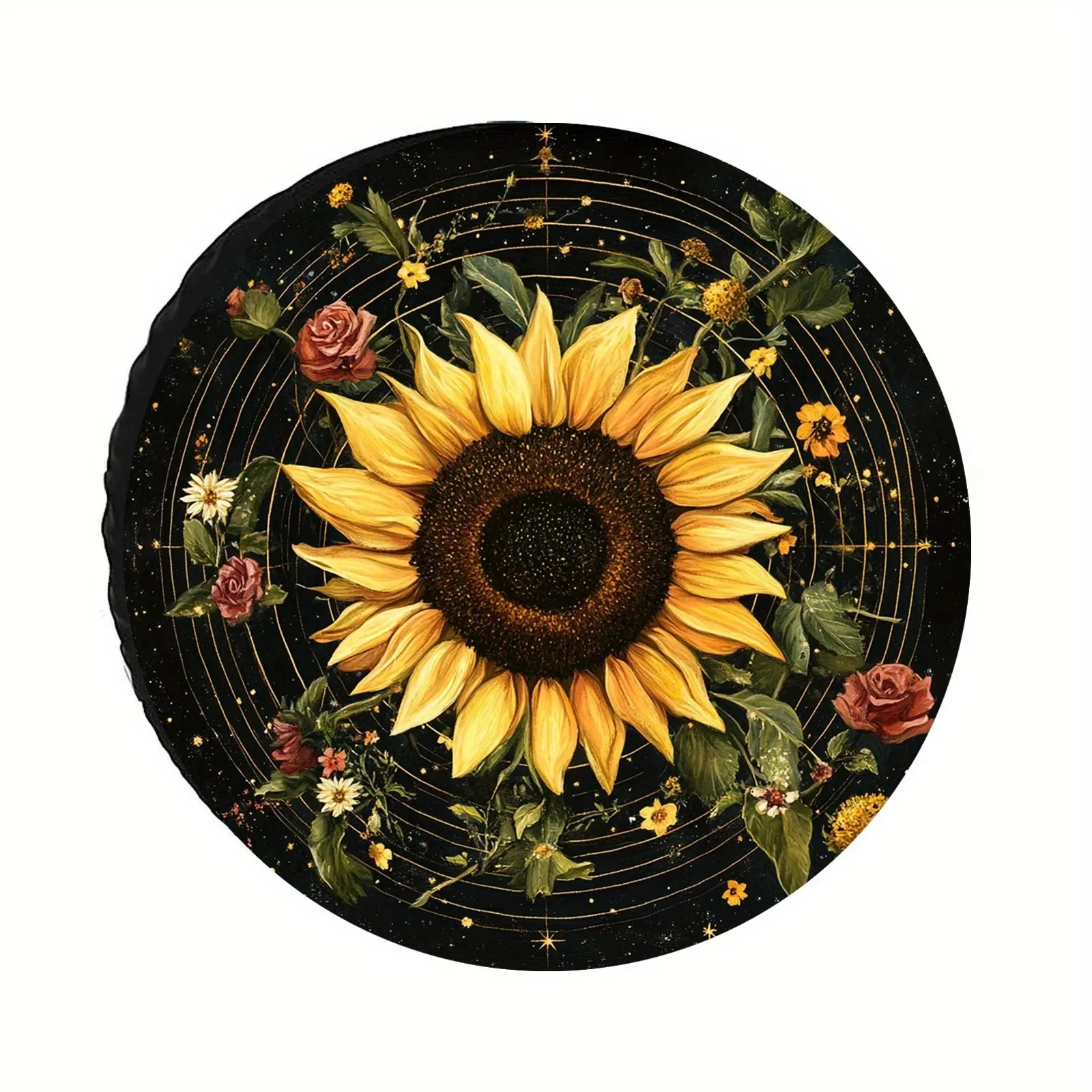 Golden Sunflower Floral Design Car Spare Tire Cover Black Polyester Protector For RV Truck Camper Travel