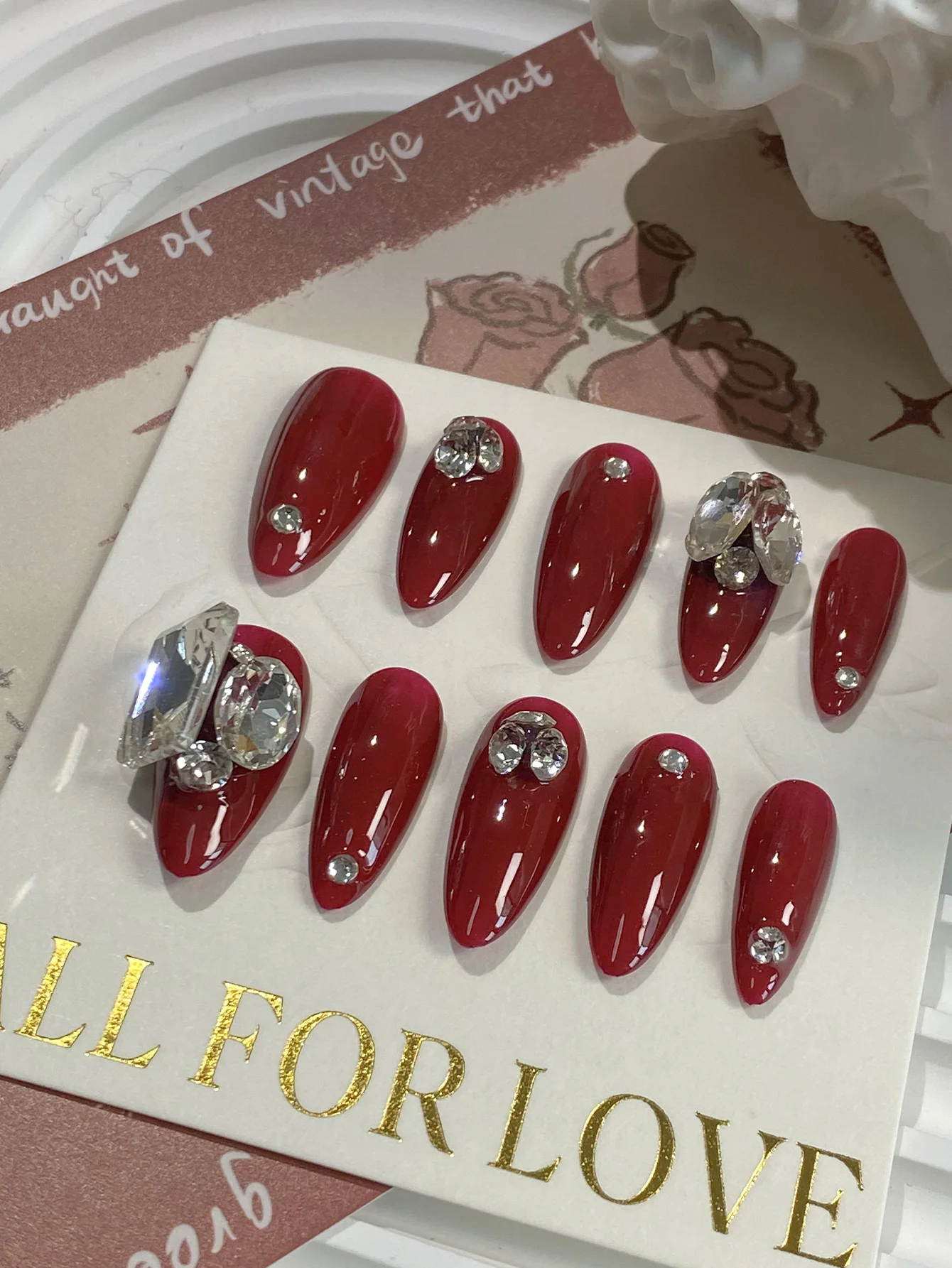 Luxury Red Almond Press On Nails, Handcrafted Glossy False Nails with Shiny Rhinestones, Reusable Nail Art for Women & Girls