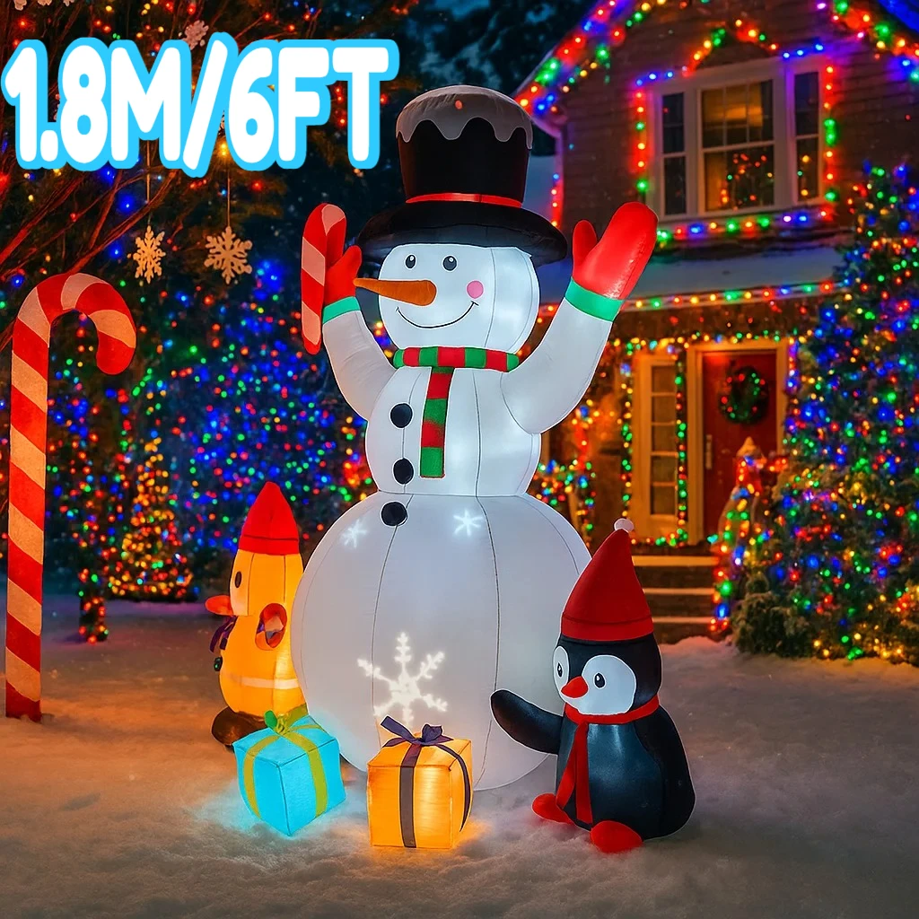 1.8M/6FT Christmas Decorations Inflatable Toy Snowman Penguin Home Yard Xmas Ornaments LED Decor Christmas Candy Cane Party Toy