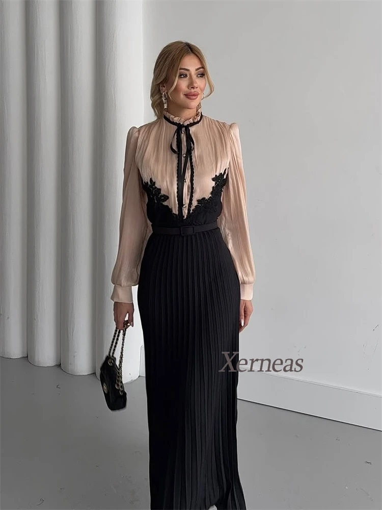 Customized Draped Women Evening Dresses Full Sleeves Long Formal Dress for Prom Party Applique Floor Length Cocktail Gowns