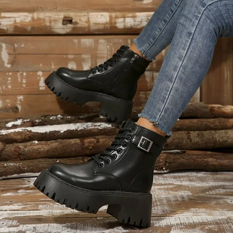 Botas de plataforma con cordones untuk mujer, botines de motocicleta, cutapak, zapatos Oxford de cuero negro, novedad