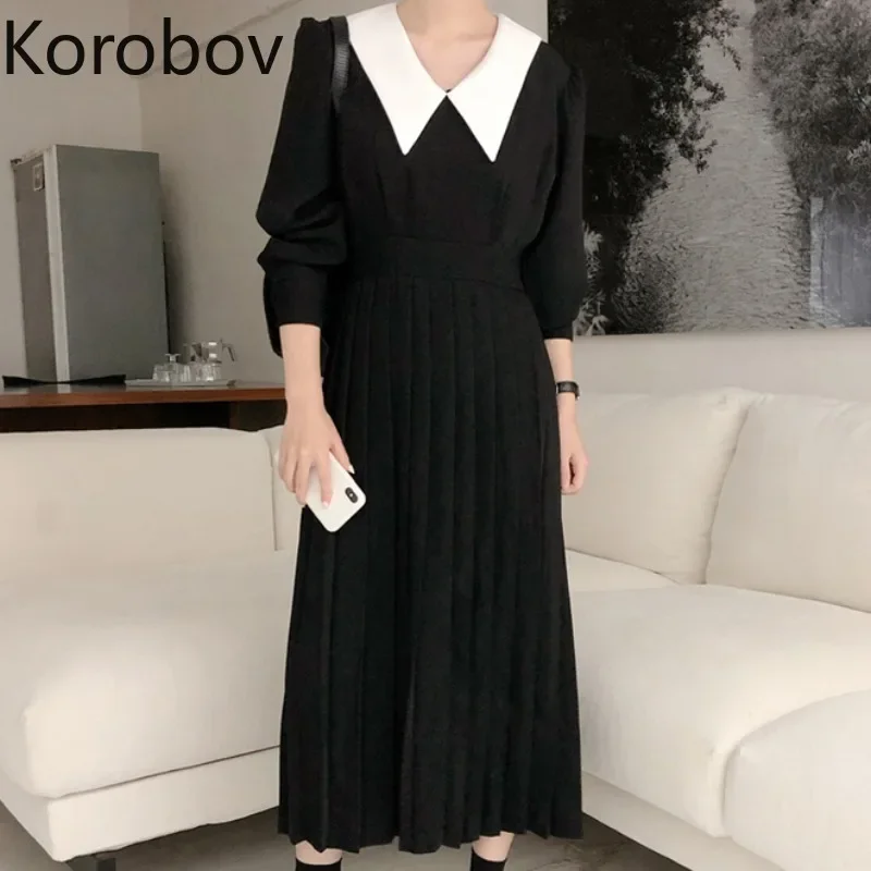 Korobov Korean Chic Vintage Elegant Office Lady Women Dress 2024 Autumn Winter Hit Color Patchwork Dresses Black Vestidos Femme