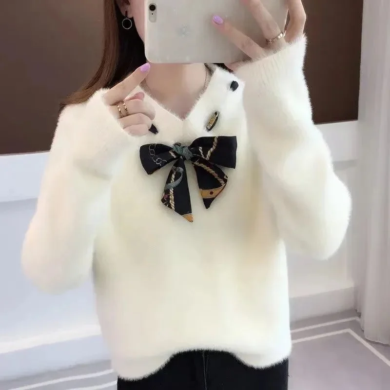 

V-Neck Knitted Sweater Women's Loose Soft Pullover Imitate Mink Wool Long Sleeve Fall Winter Jumper Thickened Warm Knitwear