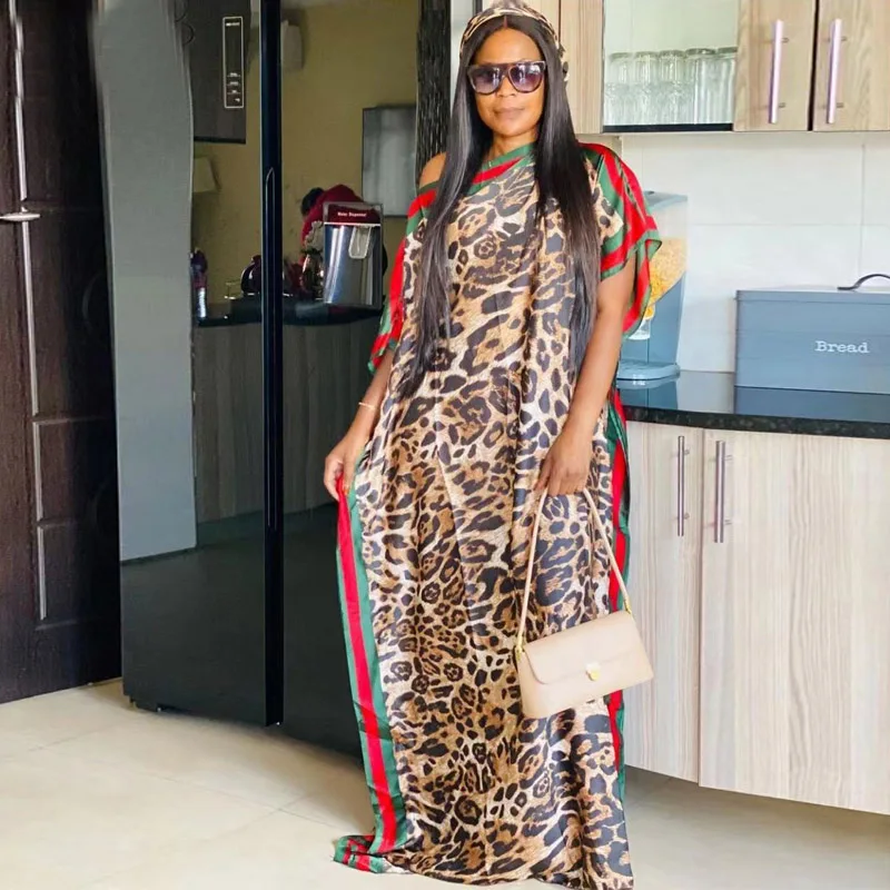 2023 Leopard Print Rayon Oversize African Women Clothing Dubai Dashiki Abaya Free Size Print Design With Scarf Loose Long Dress