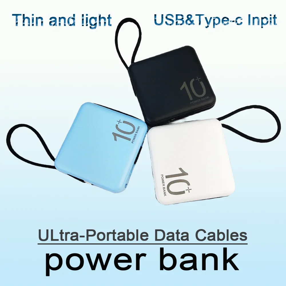 

10000 mAh Large Capacity Mini Power Bank With two Cables For Type-C Lightning Ultra-thin Portable Power Bank