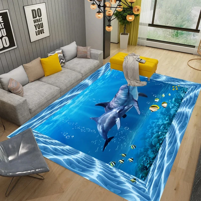 VIKAMA 3D Underwater Dolphin Turtle Soft Plush Rug Non-slip Area Carpet Kids Play Mat Living Room Bedroom Home Decor