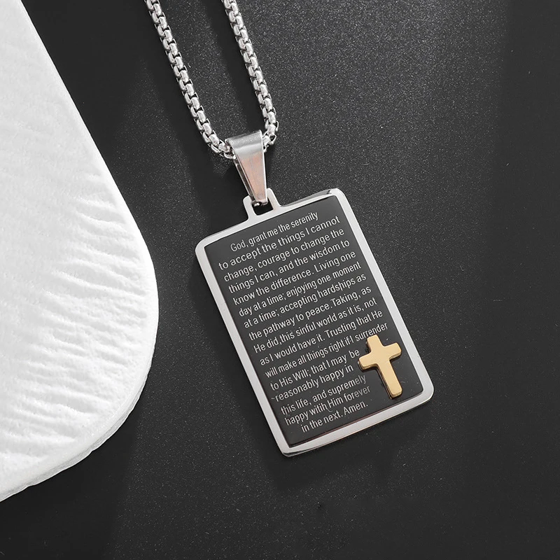 Vintage Serenity Prayer Cross Pendant Necklace Men Stainless Steel Christian Bible Verse Religious Amulet Jewelry Dog Tag Collar