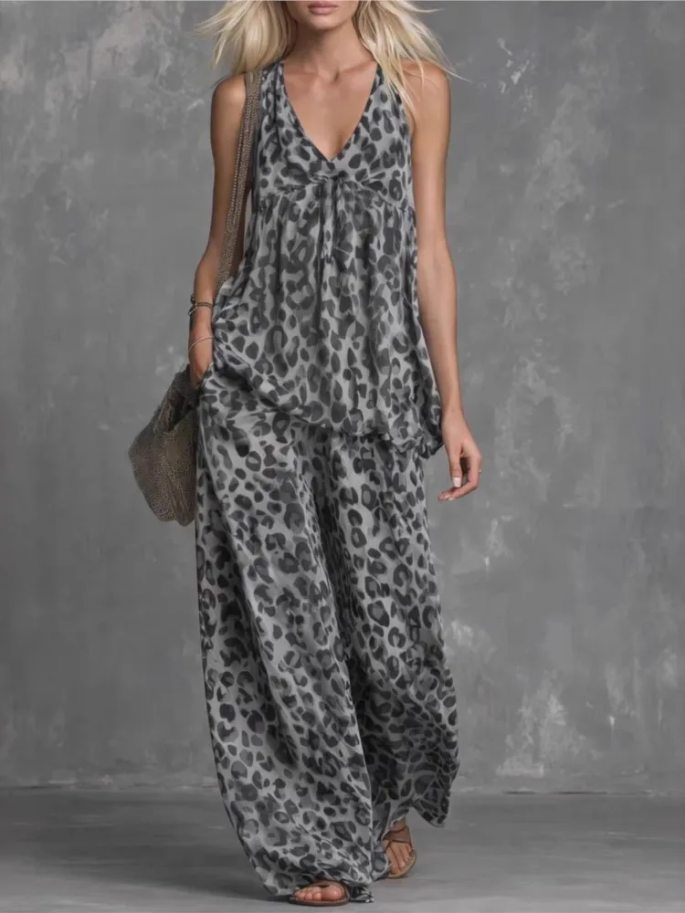 

Fashion Two-piece Set - Loose Leopard Print Sleeveless Top Chiffon Long Pants For Women Summer Casual Woman 2 Piece Set Outfit