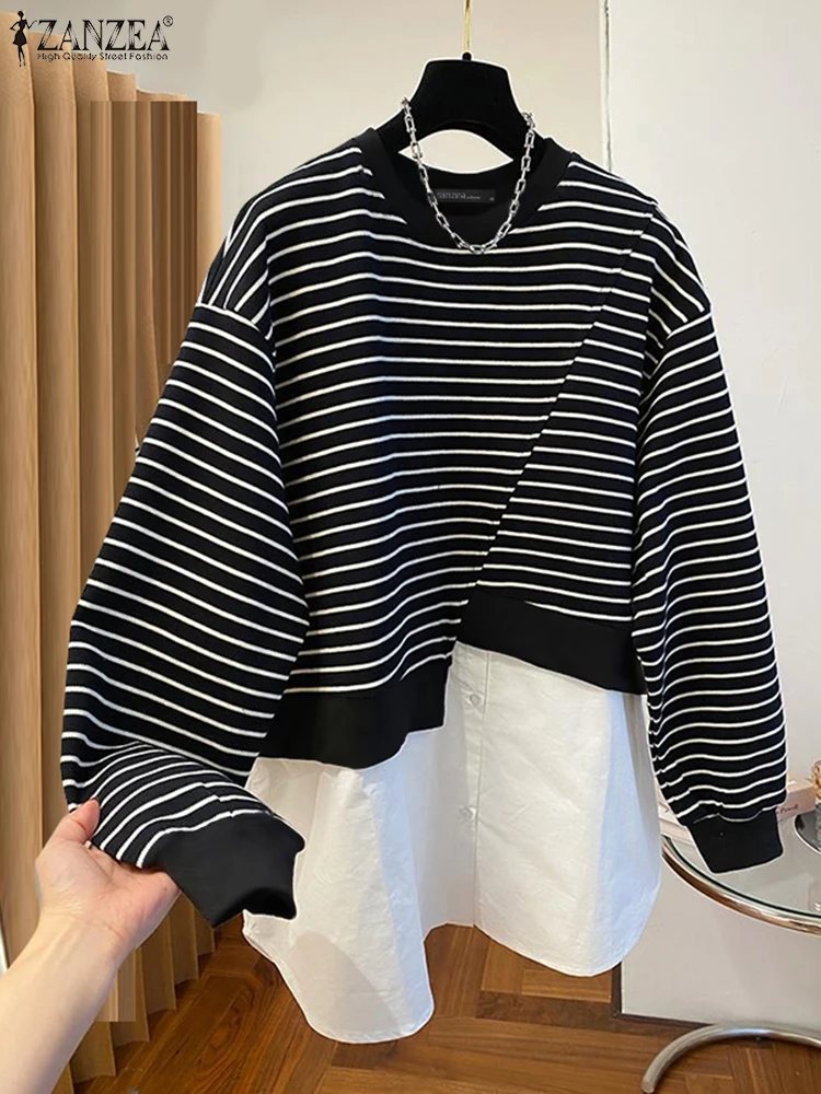 ZANZEA Casual Long Sleeve Sweatshirts 2024 Women Round Neck Tops Autumn Stripes Patchwork Jumpers Fashion Loose Daily Pullovers