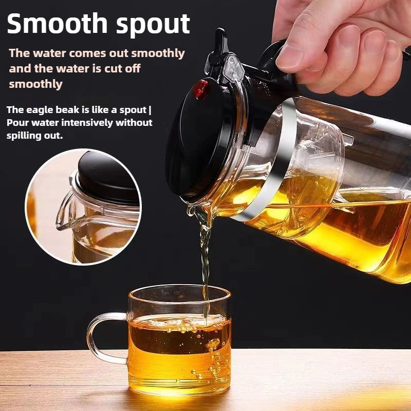 750ML One‑Touch Tea Water Separation Glass Teapot with Filter Press Floating Cup Large Capacity Tea Set for Home Office Gift
