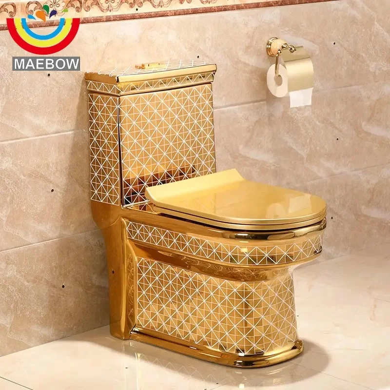 MAEBOW Artistic Gold Diamond Ceramic One Piece Closestool Water Saving Odor-Proof Floor Drain Cyclone Flushing Bathroom Toilet
