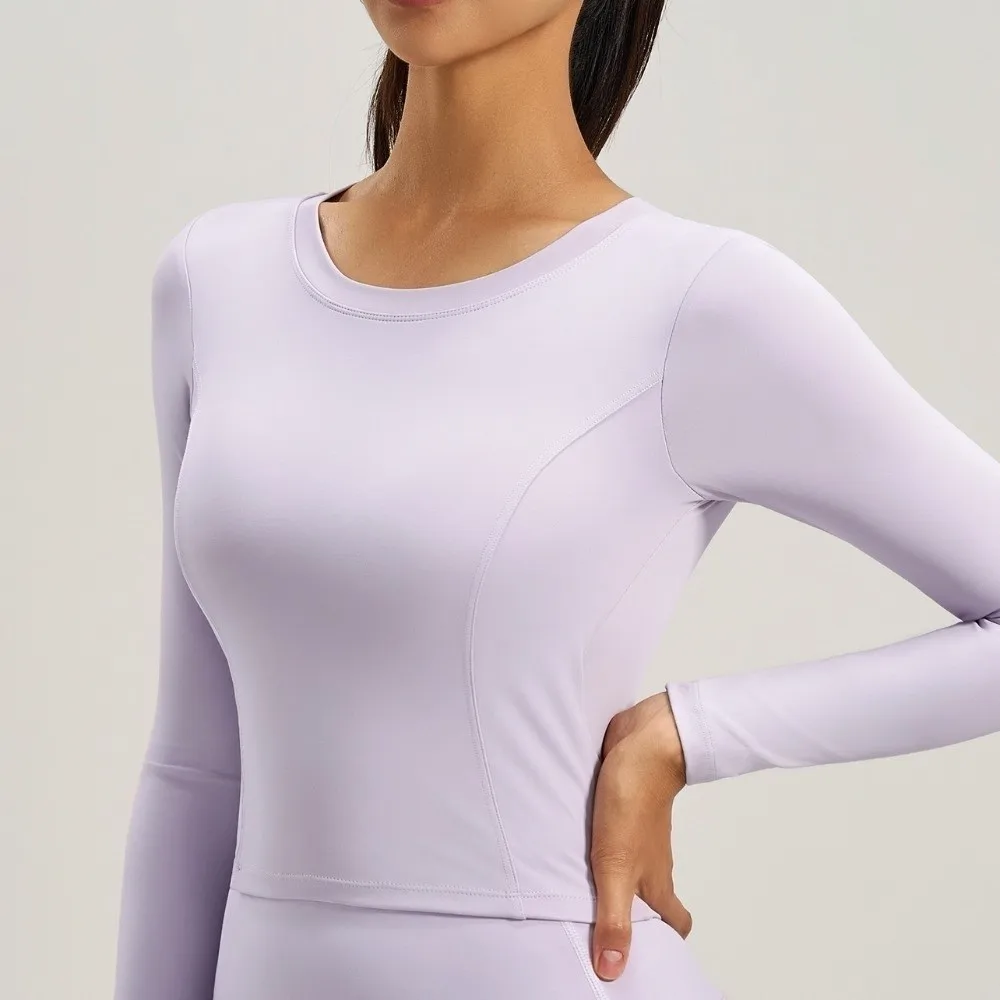 フリル付きフィットバックドローストリングスポーツウェア長袖伸縮性フィットネスヨガトップ（胸パッド付き）通気性ピラティスヨガシャツ