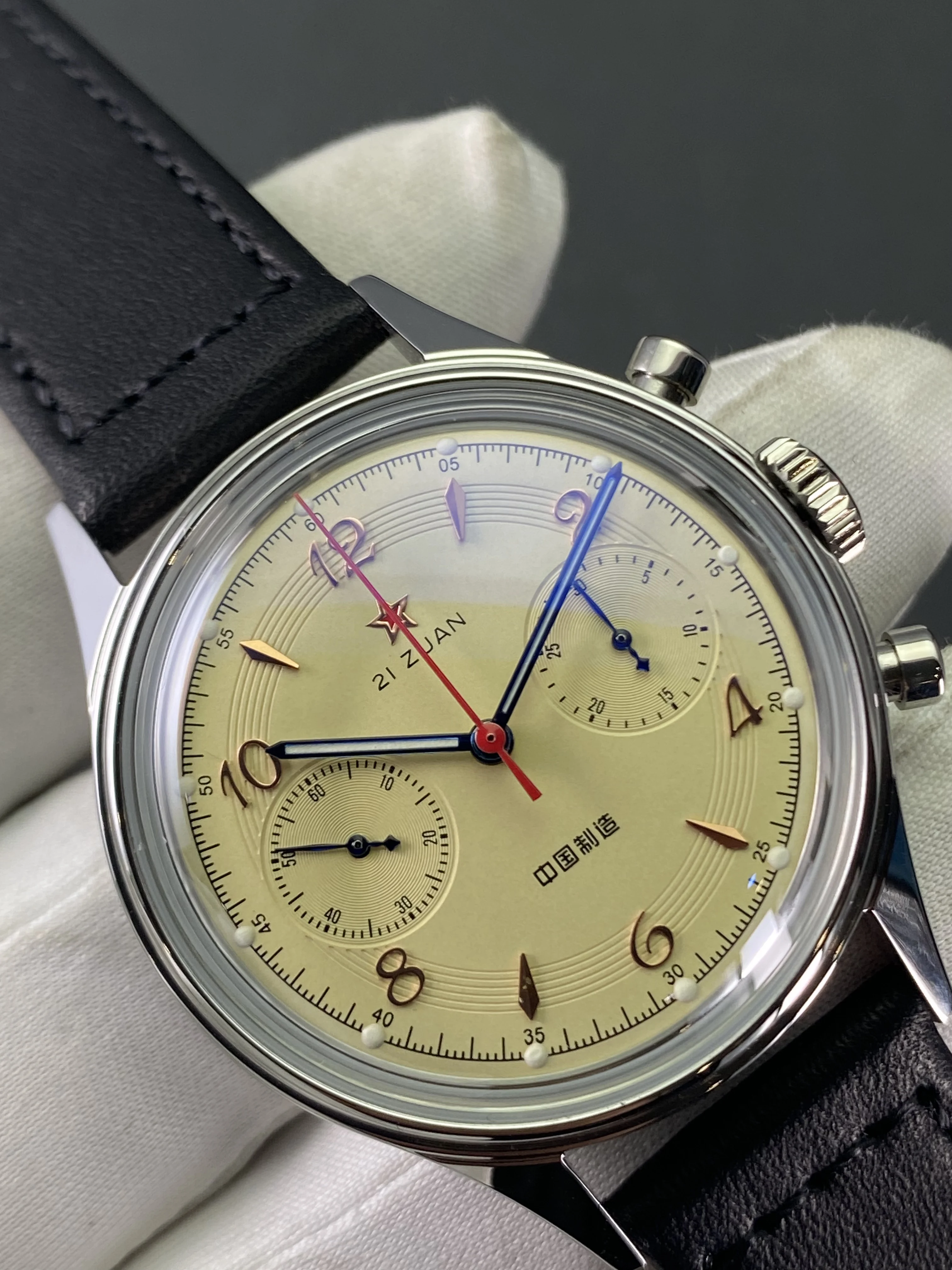 38mm Vintage Panda Chronograph Automatic Watch Seagull ST1901 Mechanical Movement Dome Glass Brown Retro Leather Band Classic Ra