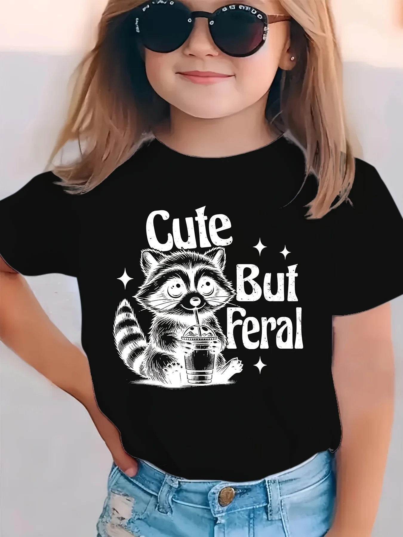 Kids Boys Girls Family Matching T Shirt Cute But Feral Raccoon Drink Graphic Print Short Sleeve Tee Casual Parent Child Tops