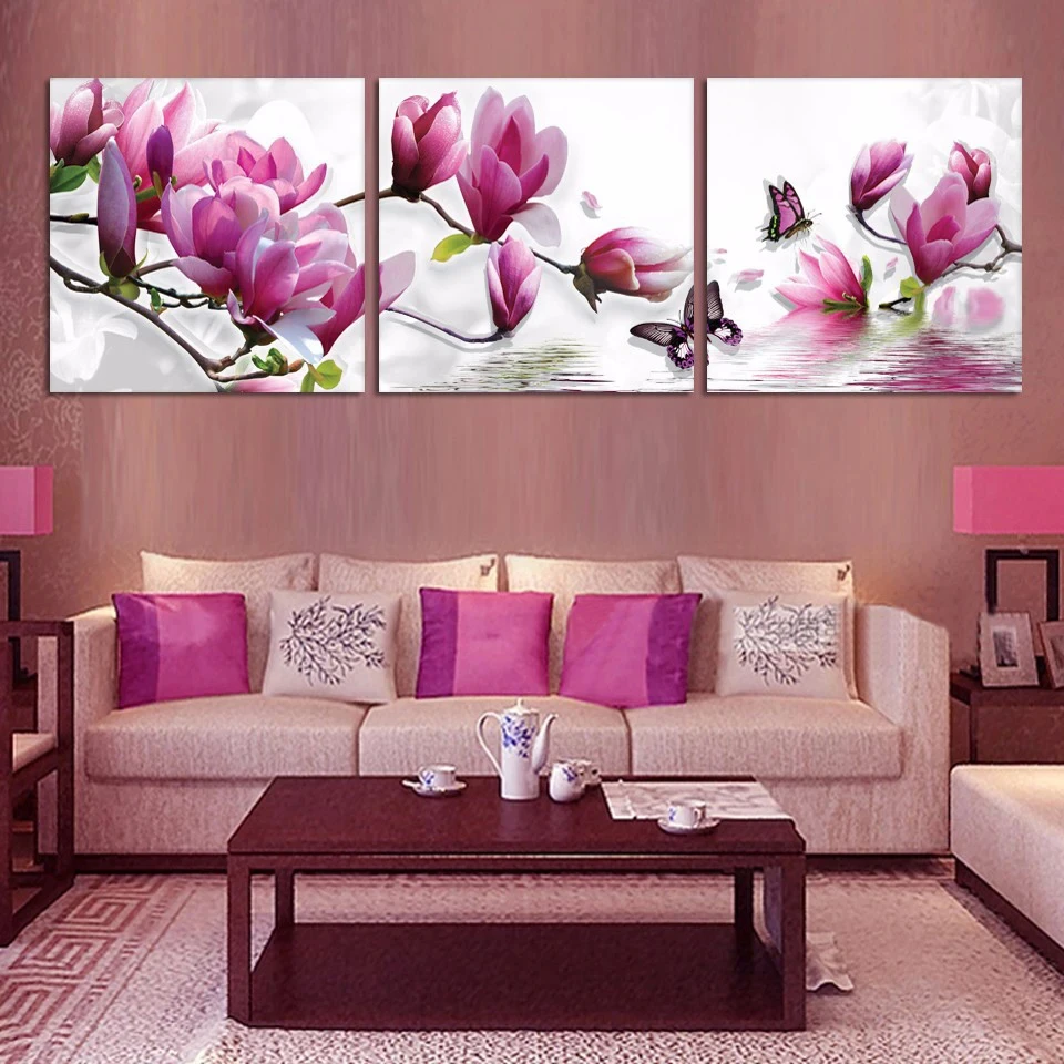 3 Panel Flowers and Butterflies Canvas Painting Spring Magnolia Purple Flower Home Wedding Decoration Art Picture No Frame