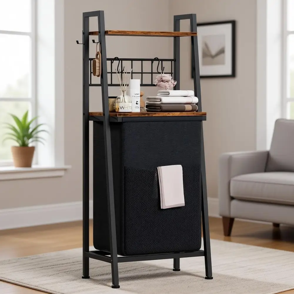 

Двухуровневая деревянная корзина для белья с выдвижным мешком и крючками, вместимость 50 л