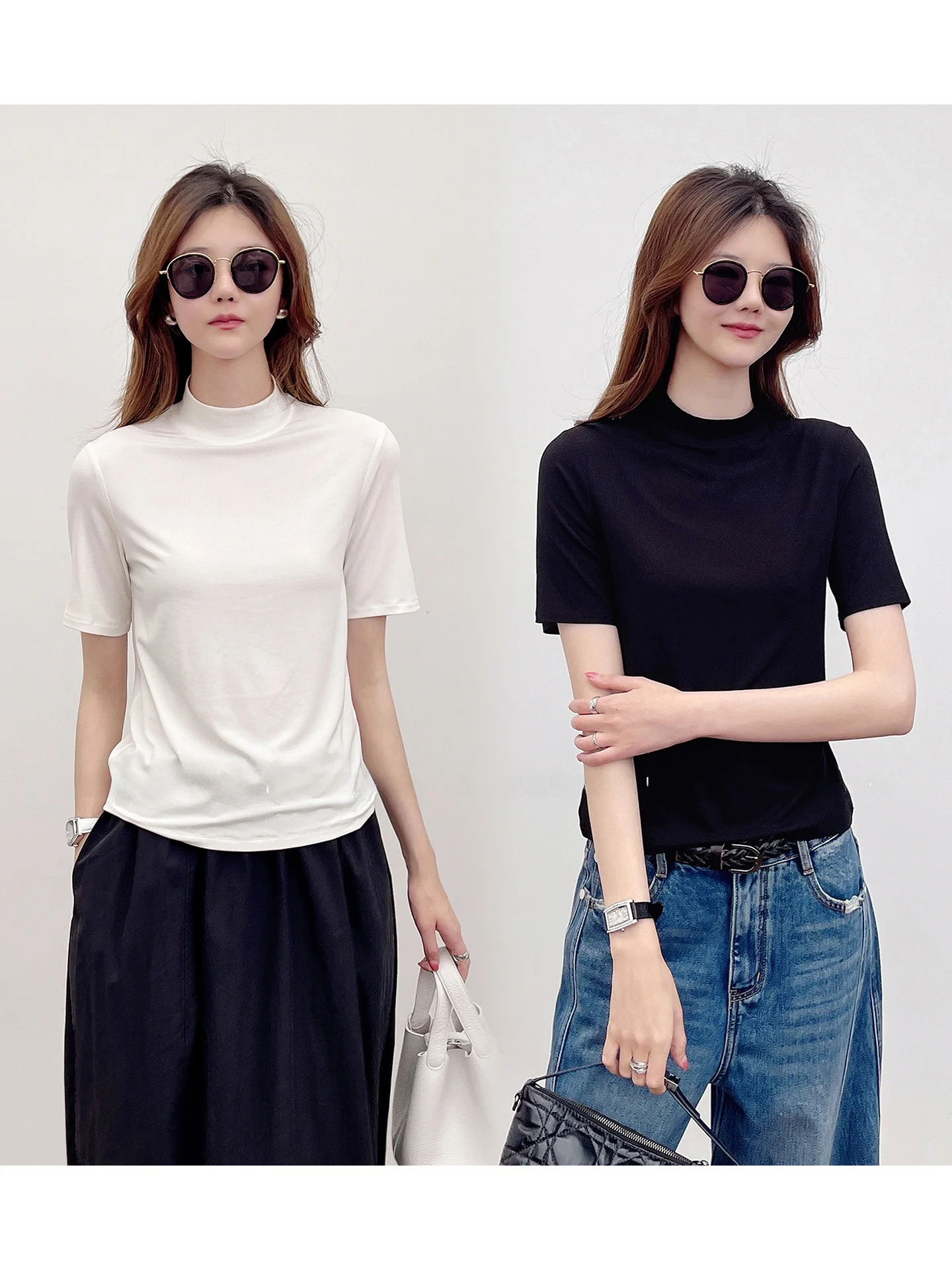 Korean Fashion Silk Blend Short Sleeve T-Shirt Women's Slim Fit Base Shirt Half High Collar Elastic Muscle Base 2026 New Style