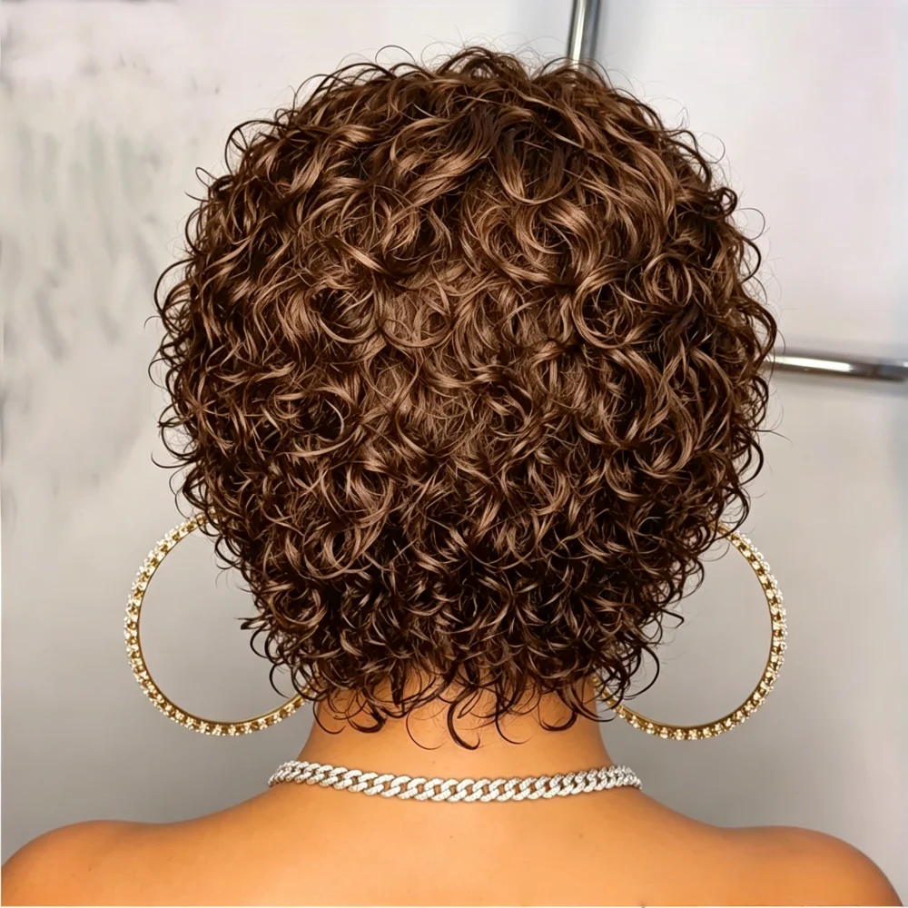 Women's Brown Short Curly Pixie Cut Human Hair Wig