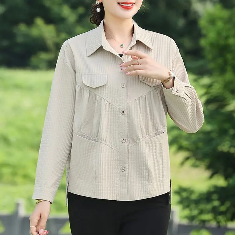 Casual Solid Color Loose Shirt Women\'s Clothing Single-breasted Spring Autumn New Commute Polo-Neck Stylish Folds Spliced Blouse