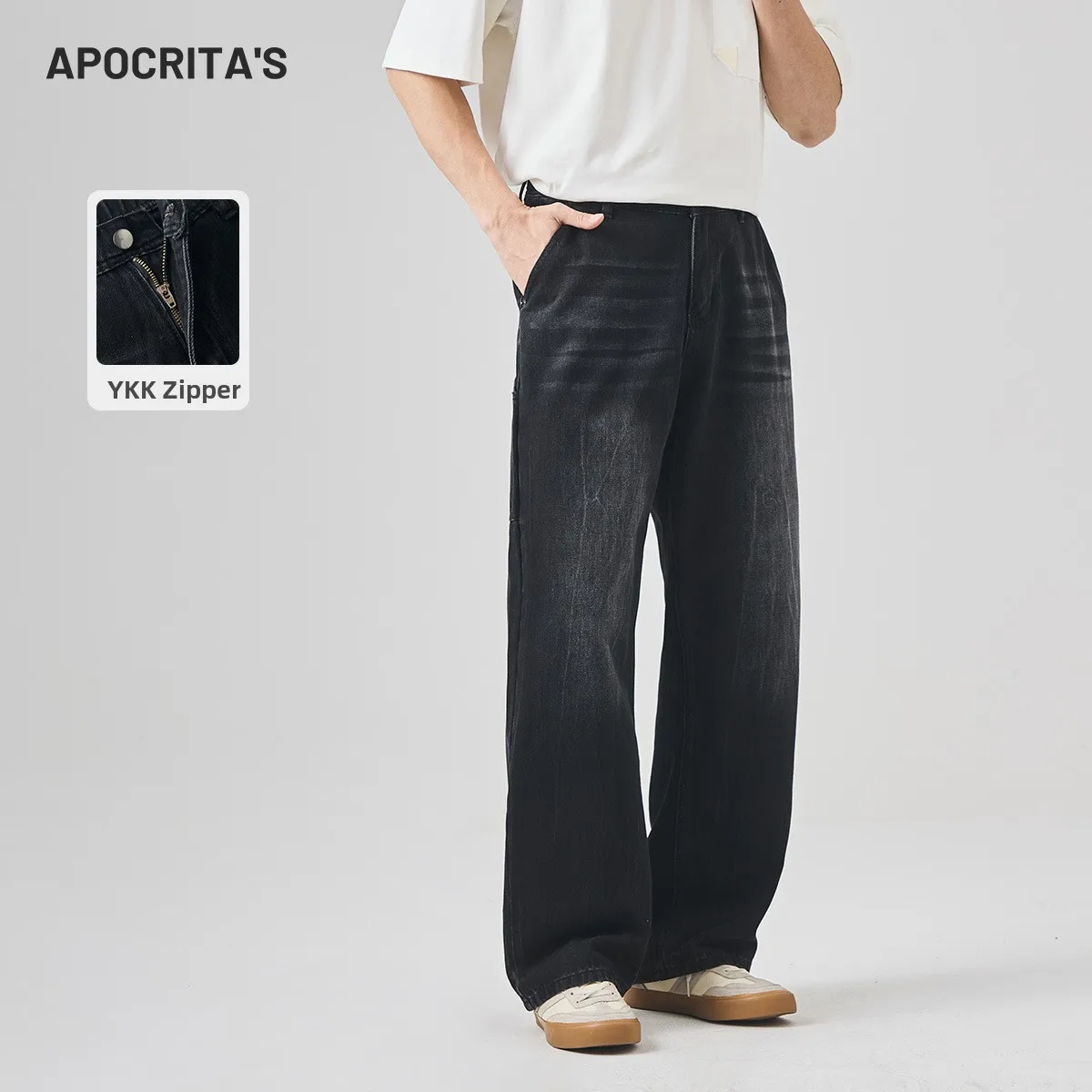 

Retro American Washed Men's Jeans Loose Straight Black Long Pants Spring Fashionable Casual Denim Trousers Standard Fit