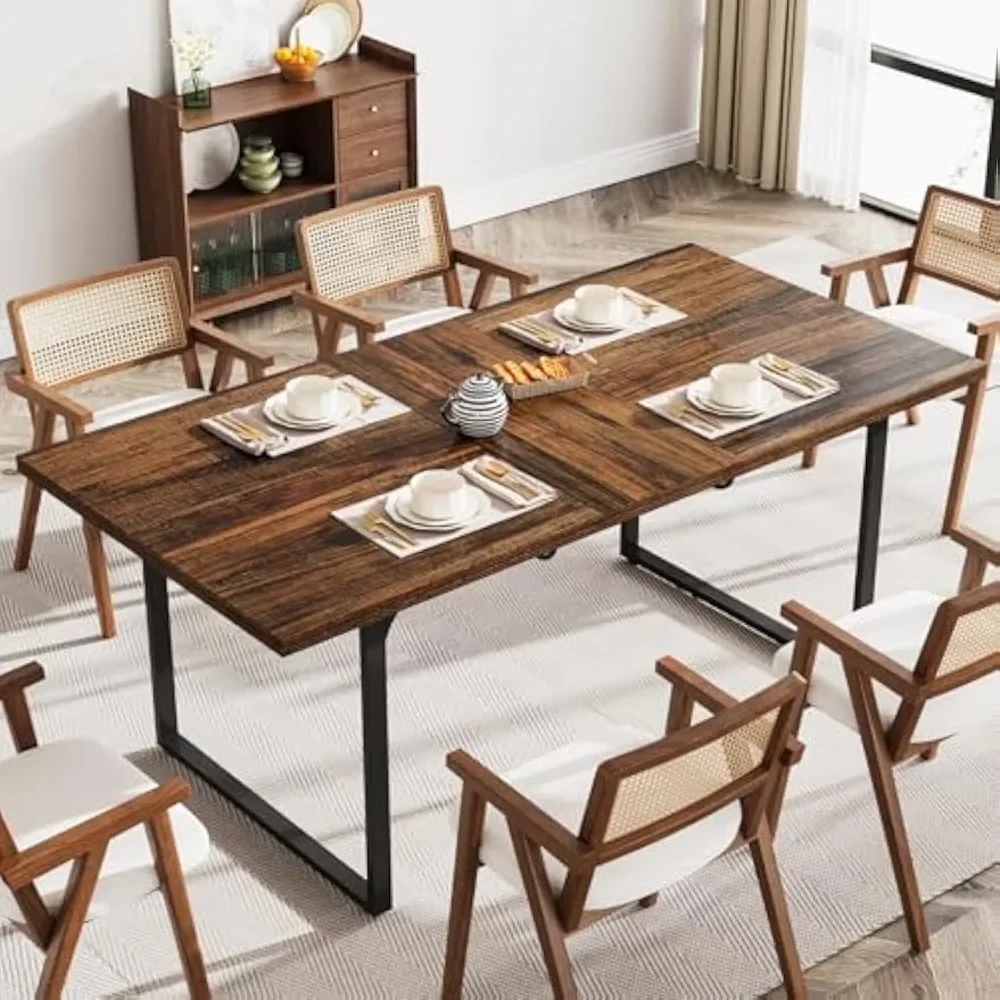 Extendable Dining Room Table for 6-8 People, 63-78.8 Wood Dinner Table with Metal Frame, Modern Expanding Table