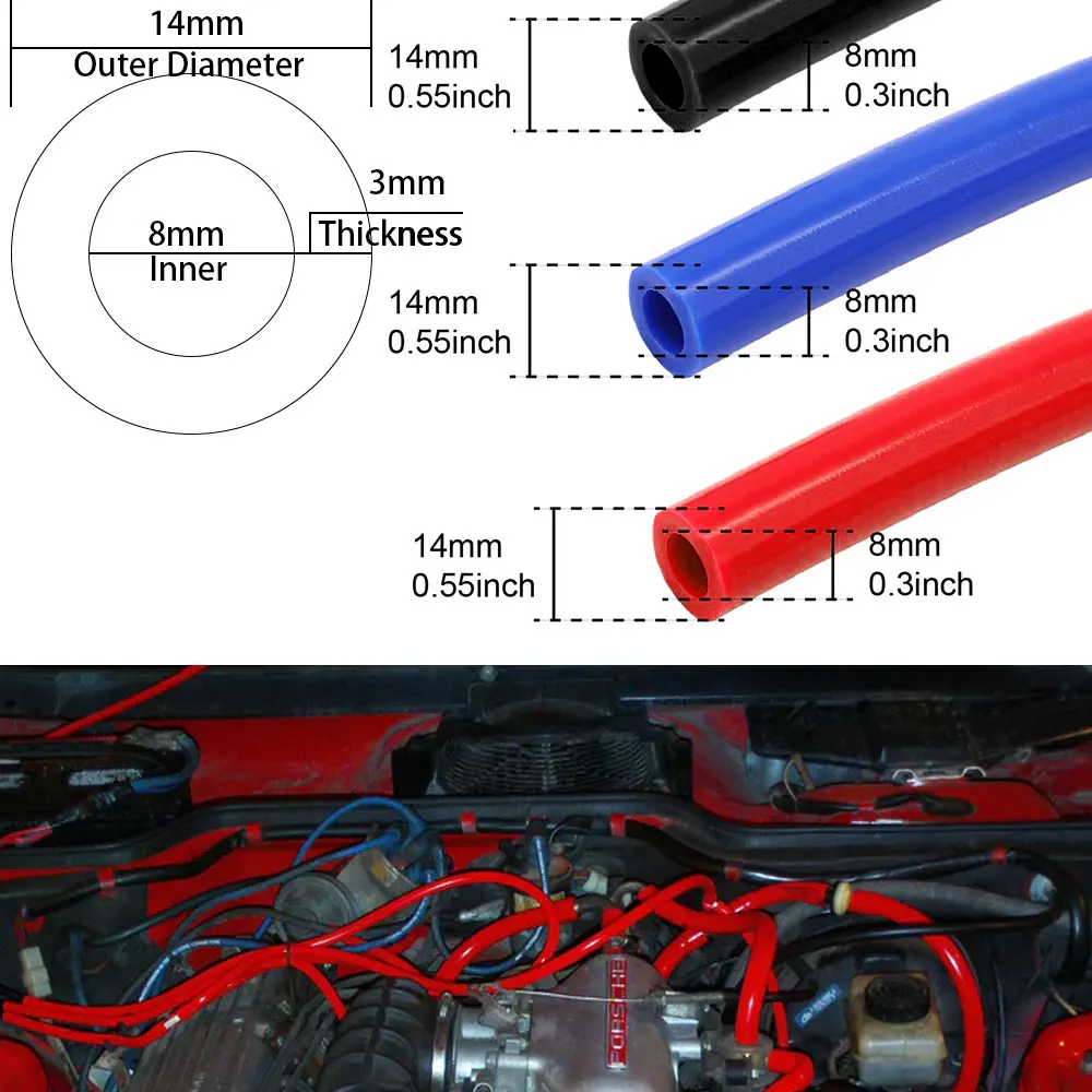 8x14mm Inner Diameter 3mm Thickness 3mm Blue Red Black Car Vacuum Silicone Hose Universal Racing Line Pipe Tube 1/2/3/5/10meters