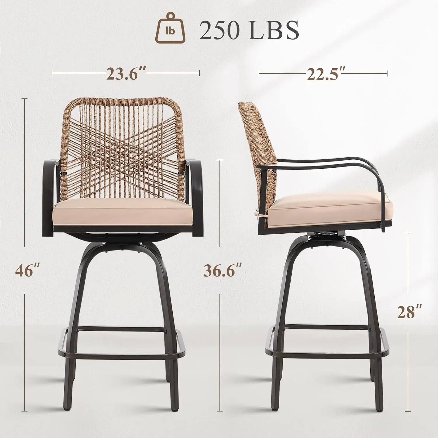 Swivel Outdoor Bar Stools Set of 2 Wicker Patio Chair 28" Beige, Customized image 3