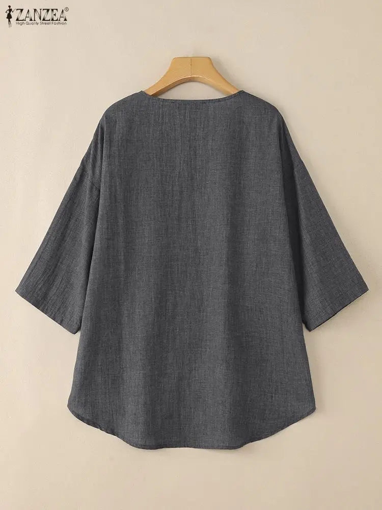 2025 ZANZEA Autumn V Neck Shirt Women Loose Blouses Casual 3/4 Sleeve Button Tops High Low Blusas Female OL Work Blouse Oversize