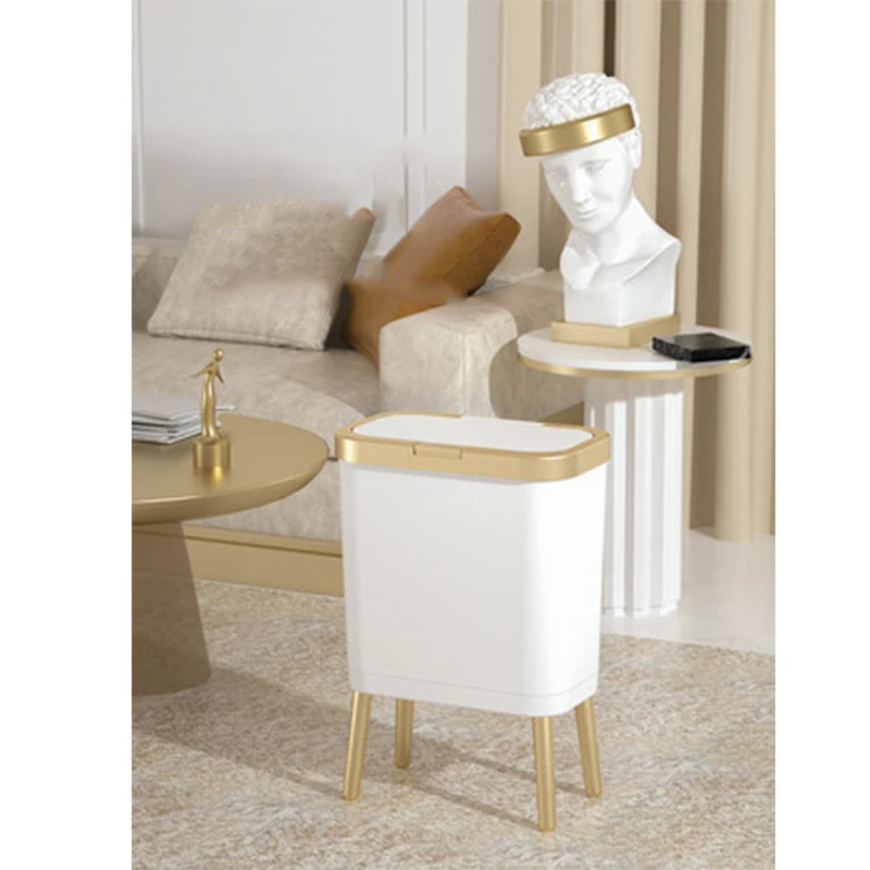 Waste Bins with Lid 15L Large-capacity Golden Luxury Trash Can for Kitchen Bathroom Creative High-foot Press Type Plastic