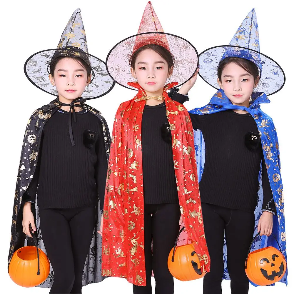 Gorros de bruja Unisex, sombrero de murciélago para niños y niñas, conjuntos de capa de Halloween, disfraces aterradores, disfraces de Cosplay para niños, ropa de actuación