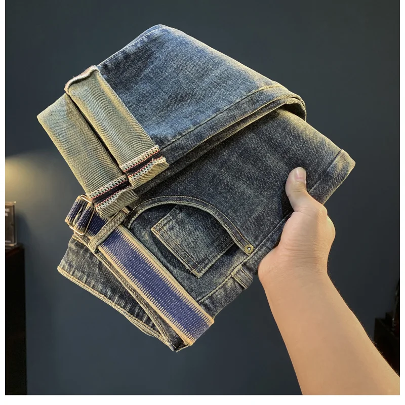 

Тенденция эластичных синих джинсов, новинка осени и зимы 2022, элитная мужская одежда с небольшой ножкой, толстый одиночный комфорт, красивый