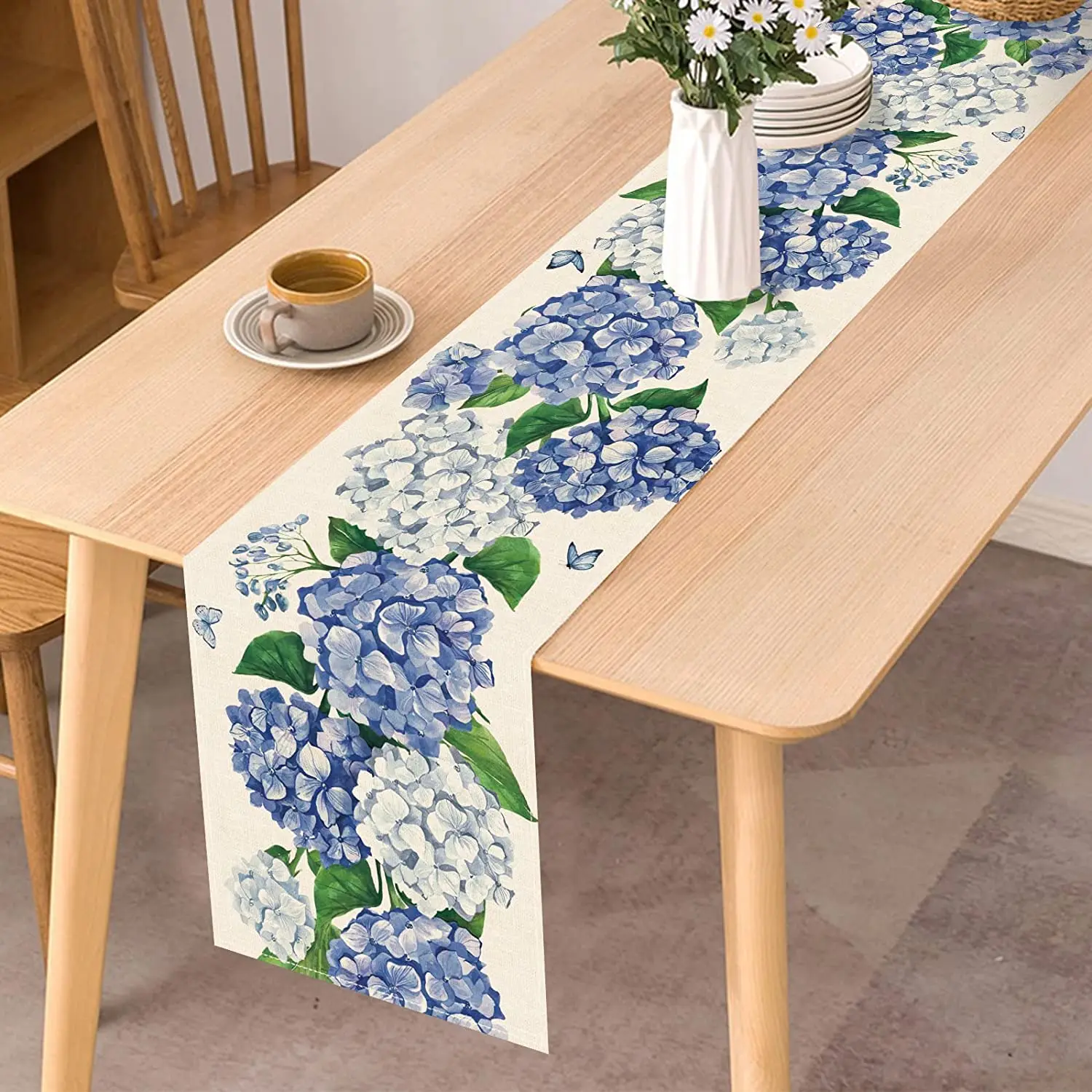 Hydrangea Floral Flowers Linen Table Runner Holiday Party Decoration Blue Butterfly Kitchen Dining   for Wedding