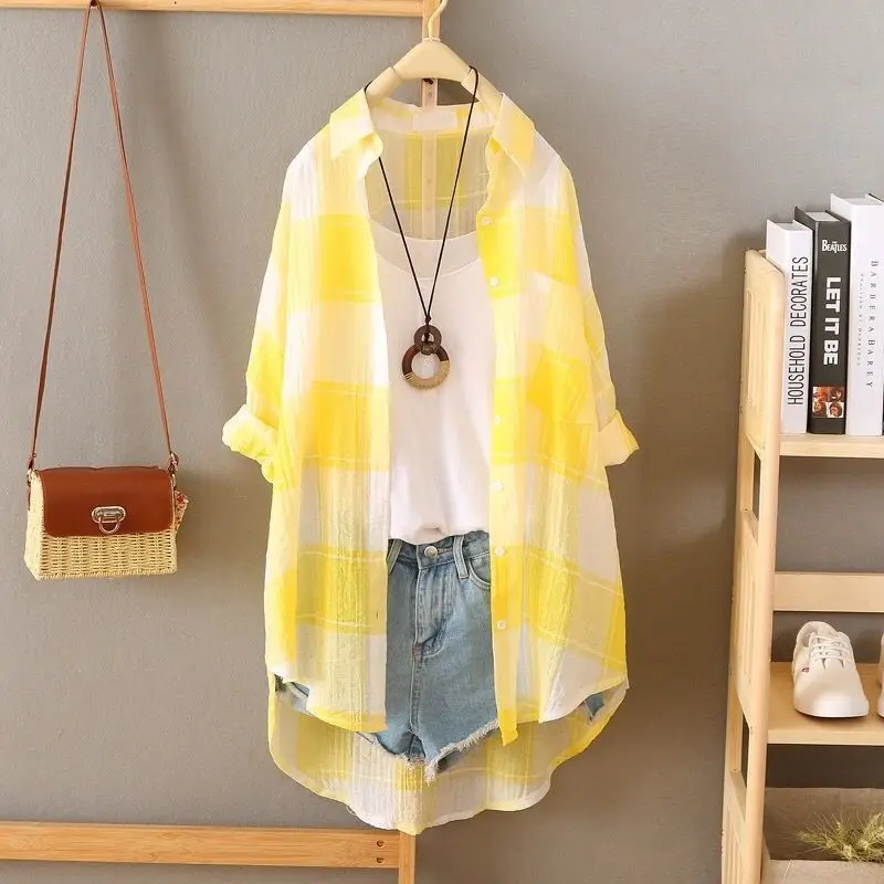 Young Style Fashion Casual Lattice Colorful Simplicity Supple Splicing Sunscreen Loose Women\'s Shirt Jacket Summer New 2024