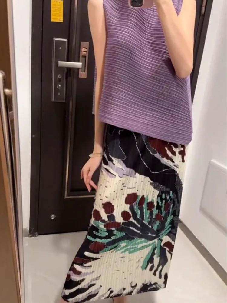 

Summer Purple Floral Print Asymmetrical Hem Top And Skirt Set Women's Fashionable Vintage Style Sleeveless Polyester Blend